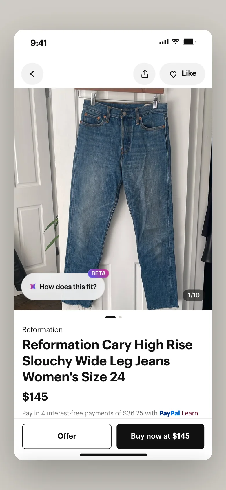 Poshmark listing for Reformation jeans with a 'How does this fit?' chip anchored to the item image