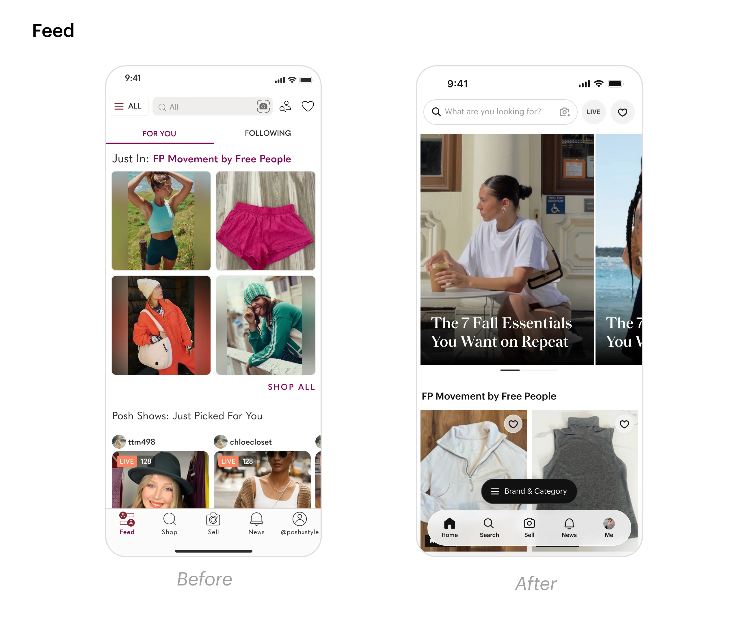 Poshmark feed — before and after: busy follow-based stream with For You/Following tabs vs. the new personalized, editorial feed