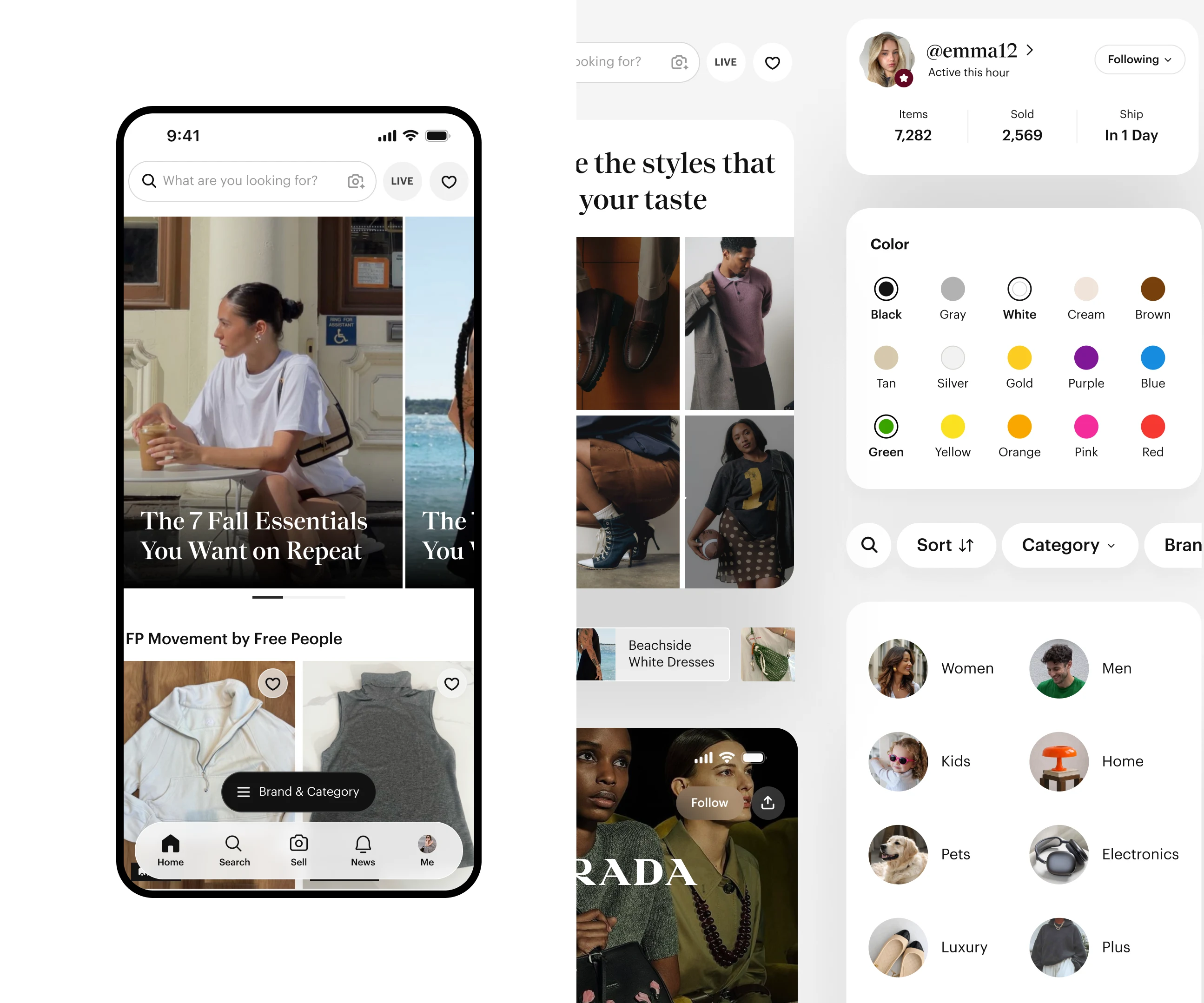 Poshmark redesigned app — home feed on iPhone, discovery grid, and seller profile with color filter panel