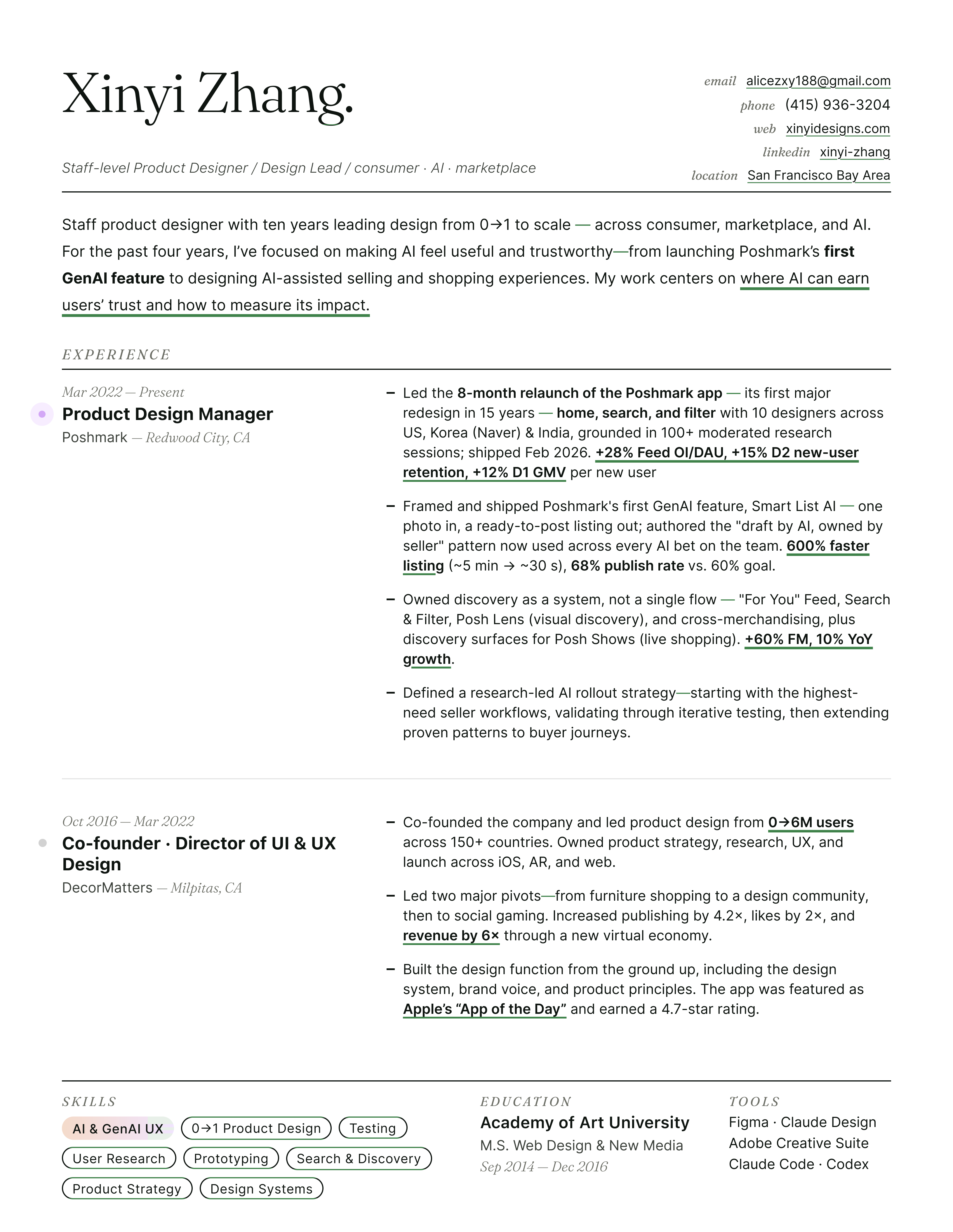 Xinyi Zhang's one-page resume — Staff Product Designer, ten years across consumer, marketplace, and AI. Full text below.
